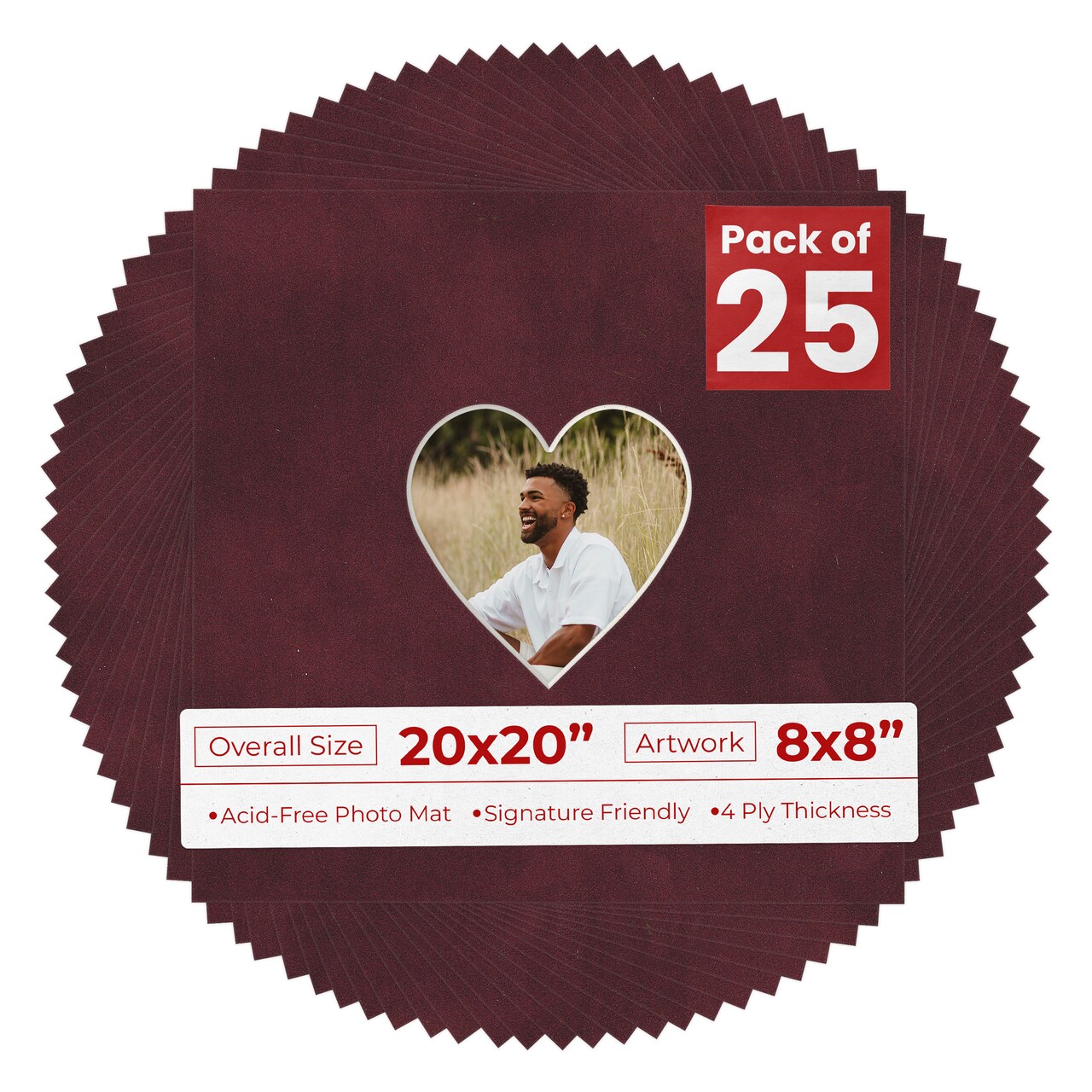 Dark Red Suede Mat Board for 20x20 Frames - Heart Opening for 8x8 Photos